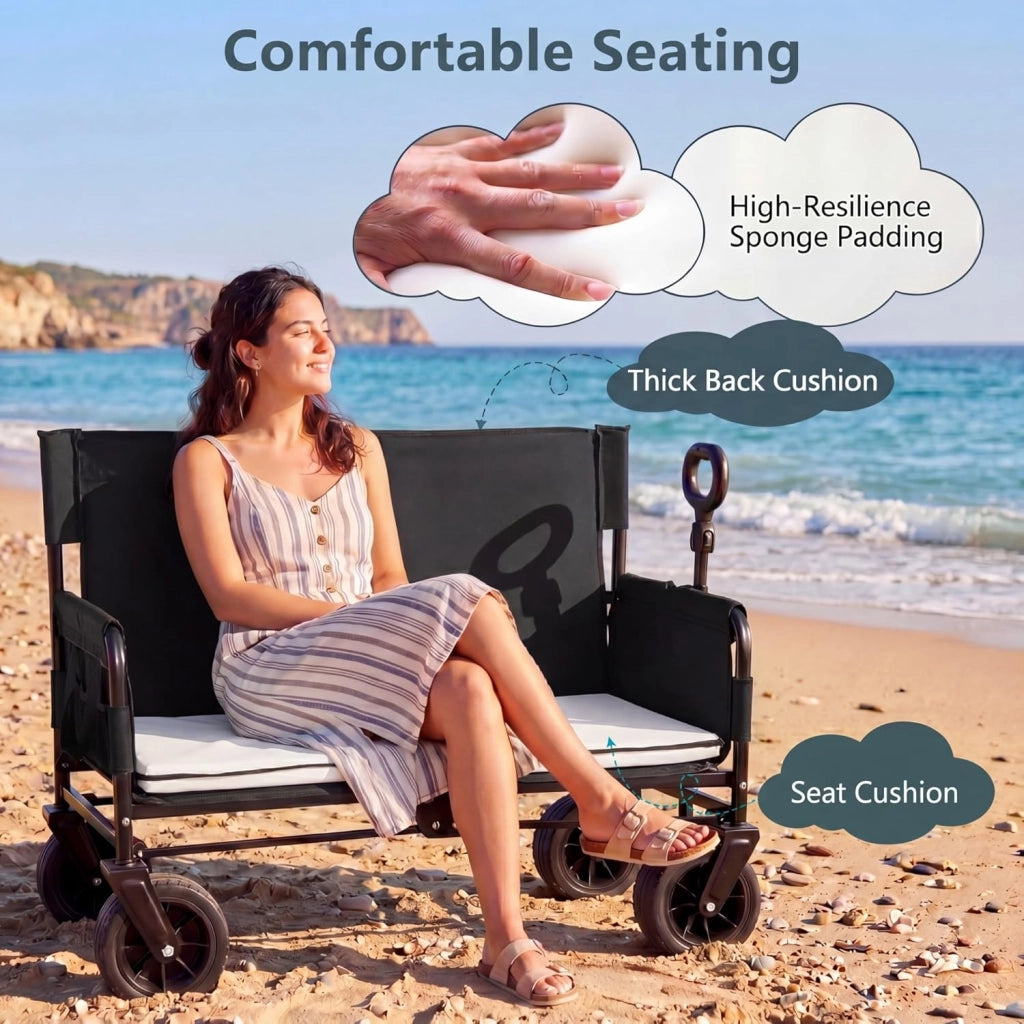 2 in 1 Carrello Spiaggia con Seduta, Carretto Pieghevole con Ruote Grandi e Cuscini Morbidi, Carrello da Campeggio, Giardino e Pesca, in Acciao Resistente, Chiusura Rapida, 80 KG, 85L (Nero)