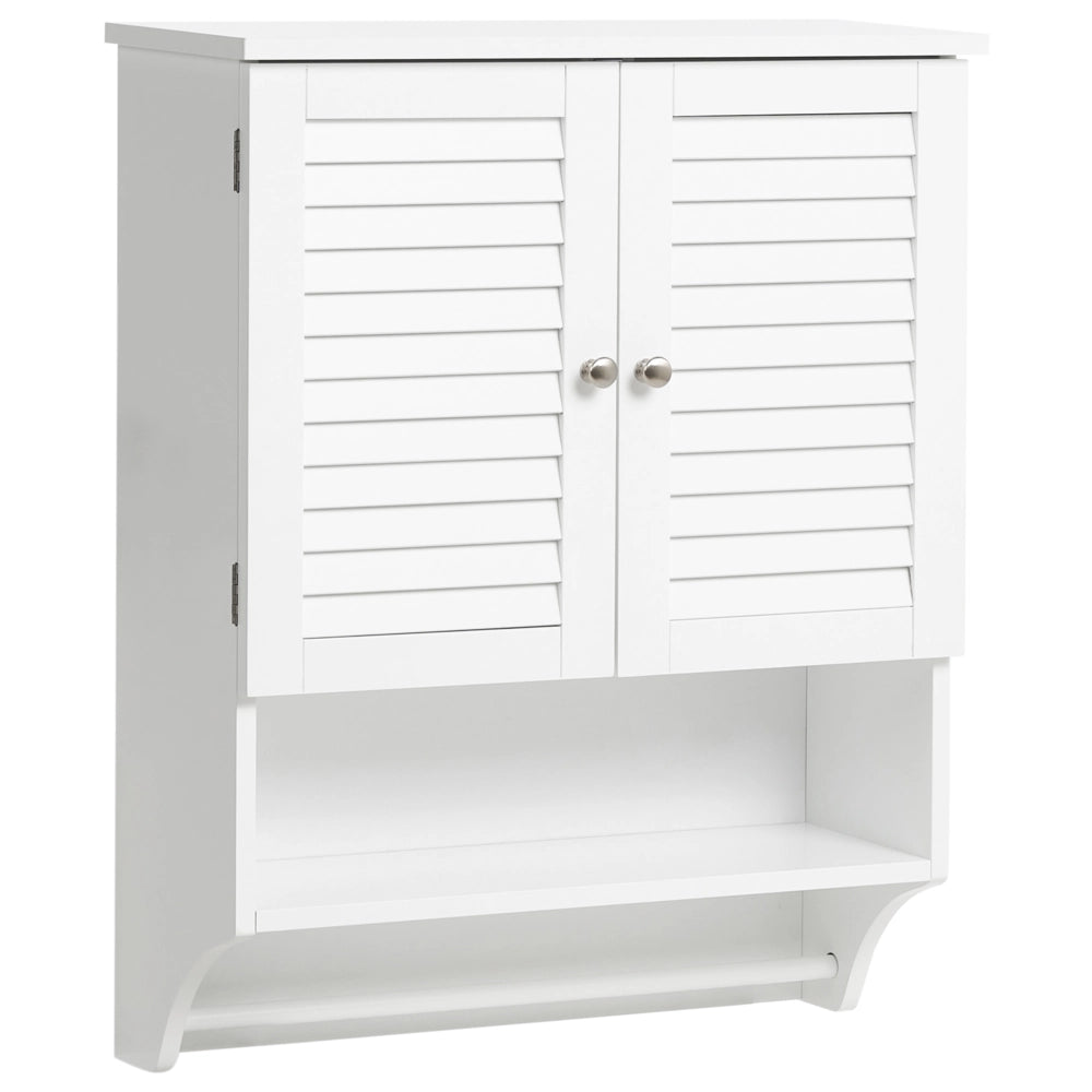 Mobiletto da Bagno da Parete in MDF Bianco con Ante, Ripiano Aperto e Portasciugamani, 60 x 22 cm Design Moderno