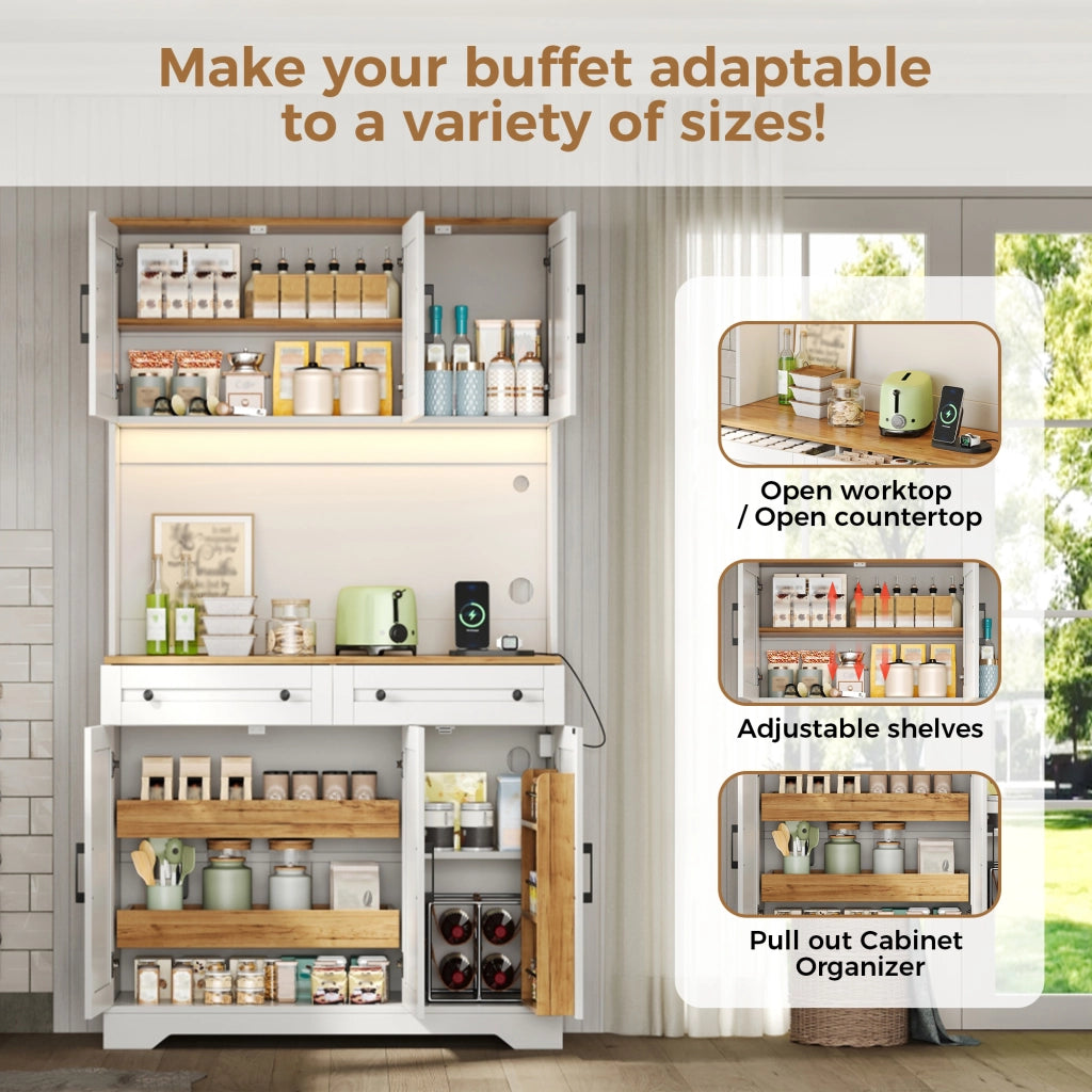 Mobile dispensa da cucina con LED RGB prese e organizer estraibile 2 cassetti in MDF naturale bianco 100 × 40 × 180 cm