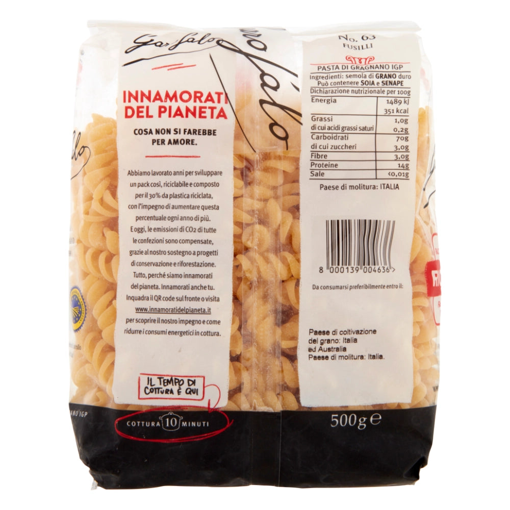 Pastificio garofalo fusilli n. 63 pasta trafilata al bronzo da 500 grammi
