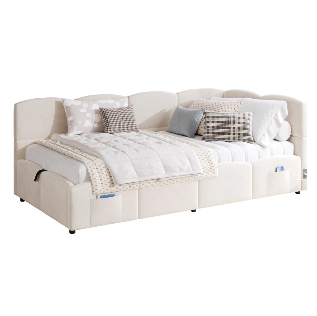 Letto singolo imbottito 90x200 cm con contenitore, USB e tasca laterale