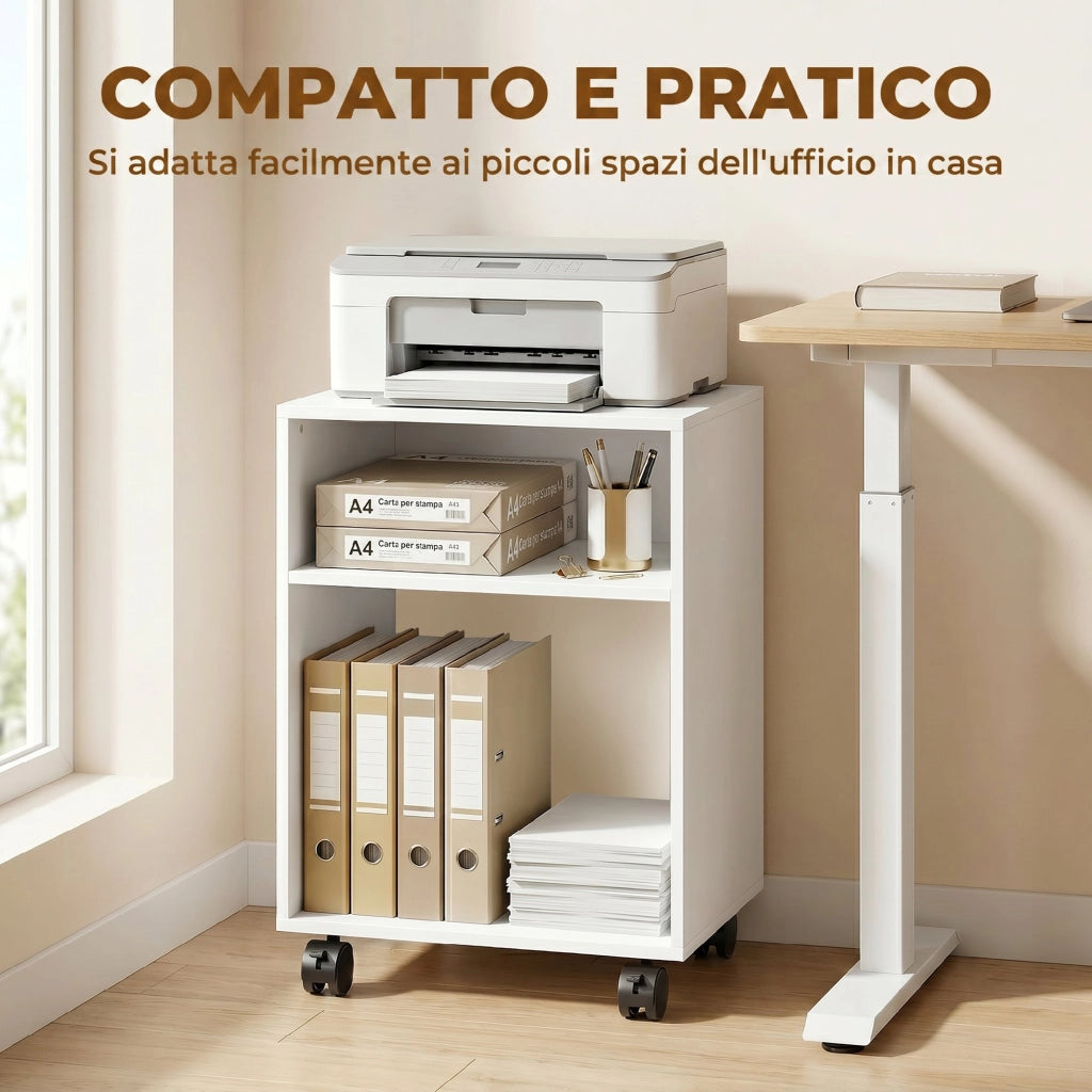 Mobile Porta Stampante in Legno con Ruote a Freno e 2 Scomparti Aperti. 40x35x55 cm. per Ufficio Studio. Bianco