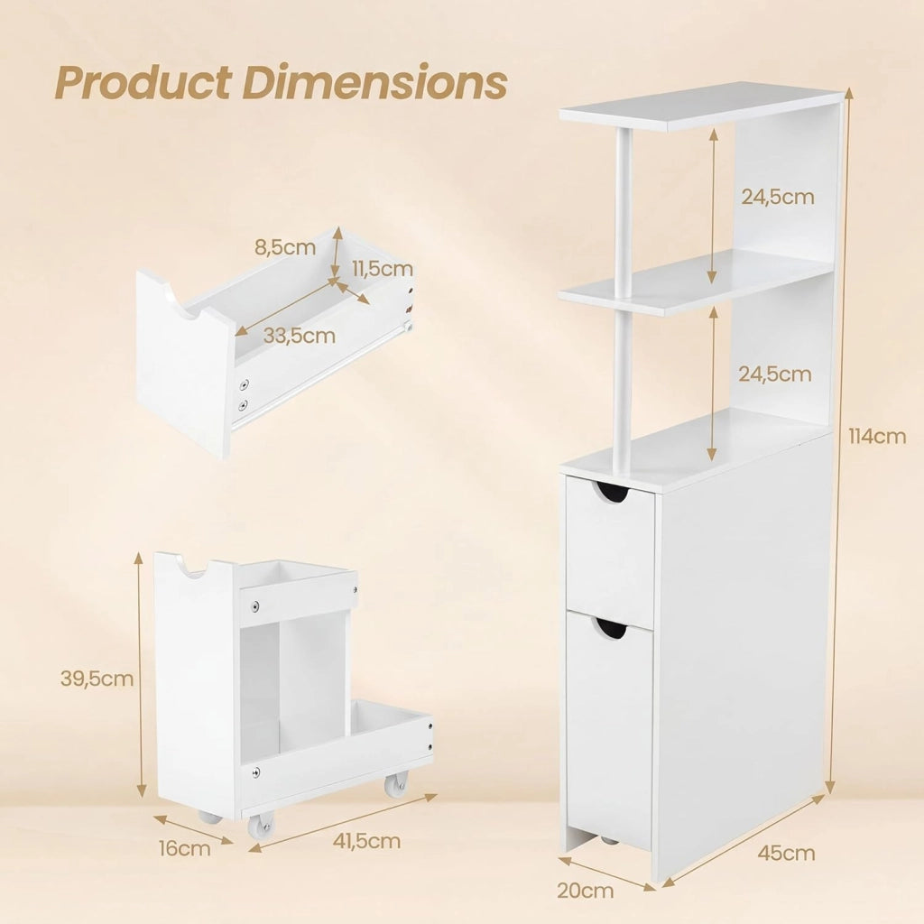 Mobile Alto per Bagno, Armadio da Terra con Ripiani Aperti, Cassetto con Rotelle, Mobile Colonna per WC Salvaspazio per Salotto, Camera e Cucina, 45 × 20 × 114 CM, Bianco
