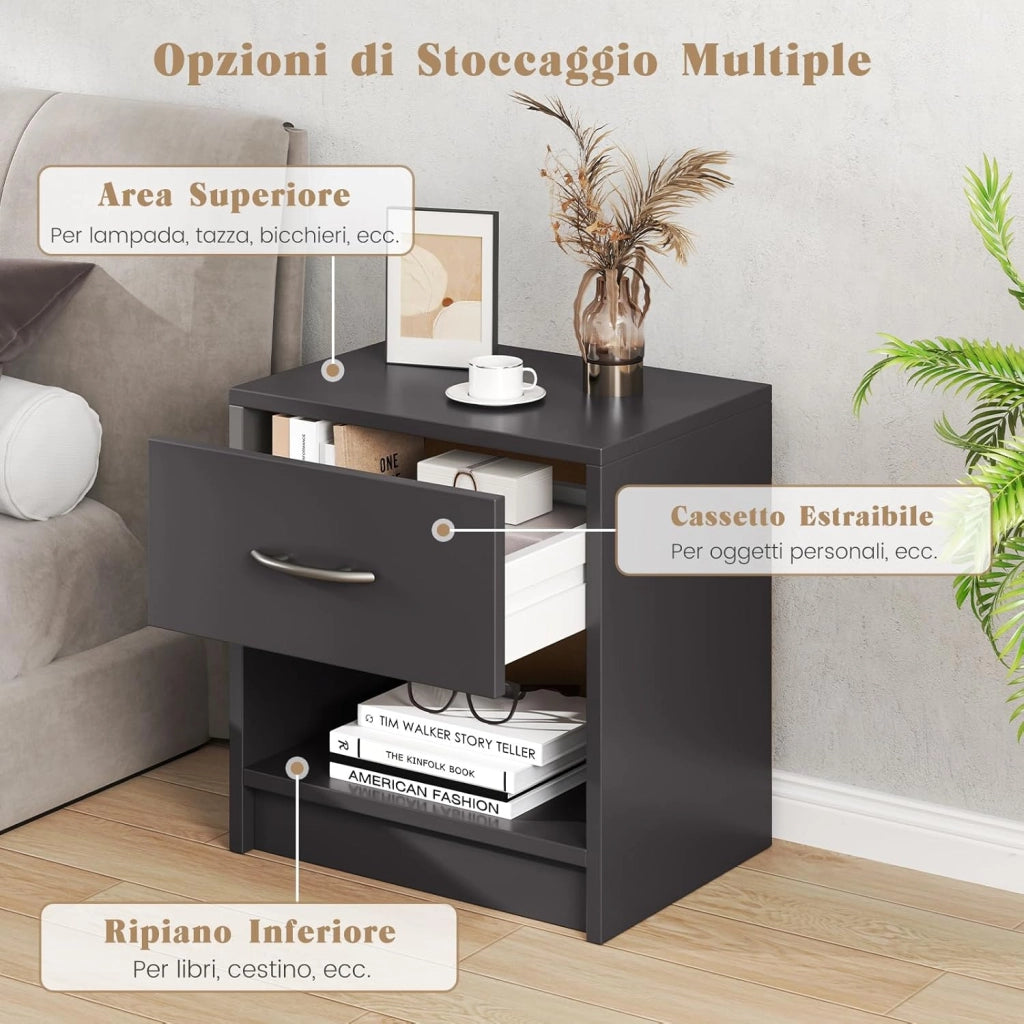 COSTWAY Comodino 38,5 x 28 x 40,5cm in Legno, Tavolino Salvaspazio con Scomparto Aperto e Casseto per Soggiorno e Camera da Letto (Grigio)