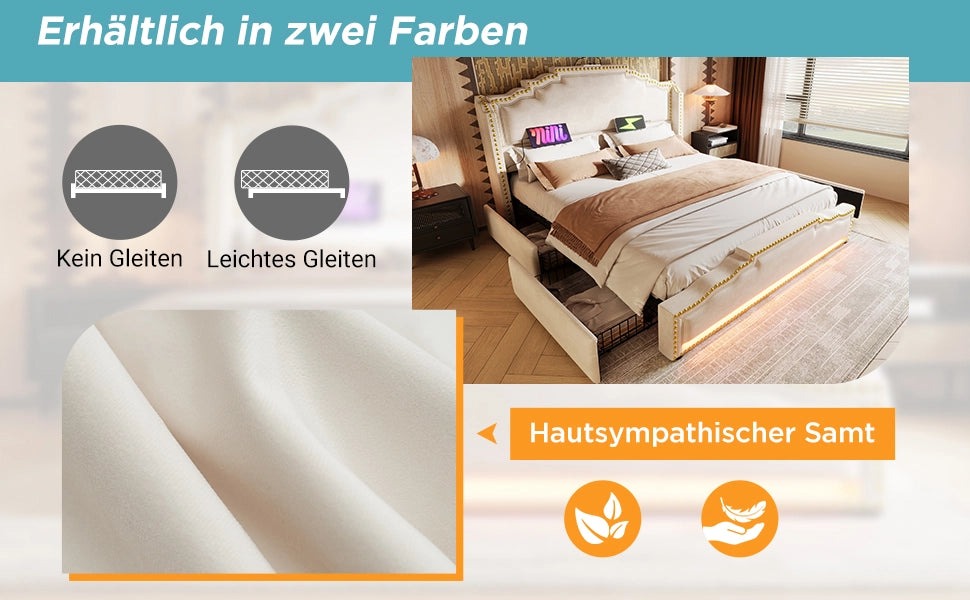 Letto Contenitore Matrimoniale Imbottito con Cassetti e LED ¨C MINIMAL ¨C Velluto Beige 180x200