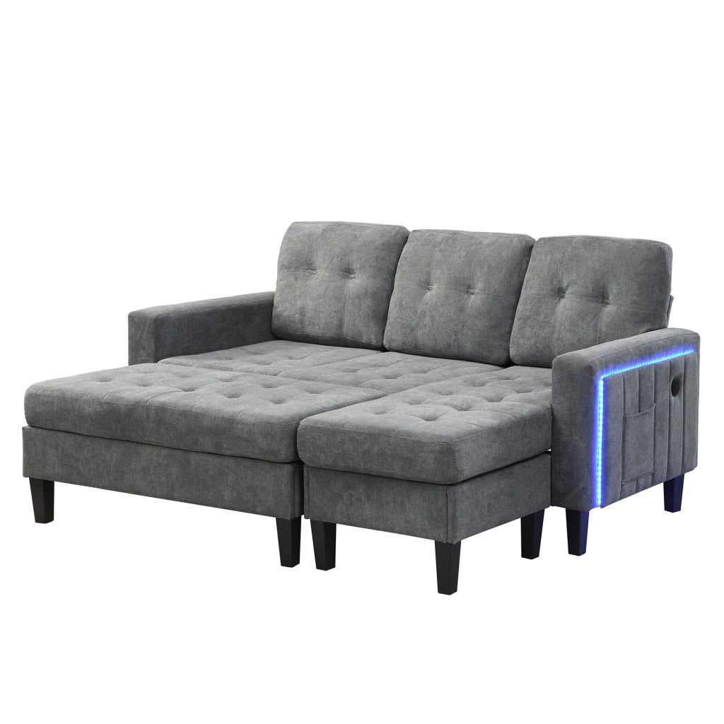 Divano angolare modulare L con poggiapiedi XXL, LED a 5 colori, USB, tessuto Chenille, Grigio Antico