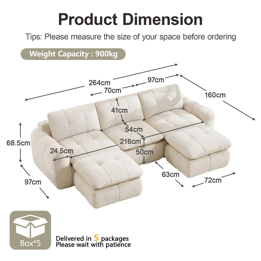 Divano 3 posti a U modulare ¨C Minimal ¨C Beige tessuto chenille 2 poggiapiedi