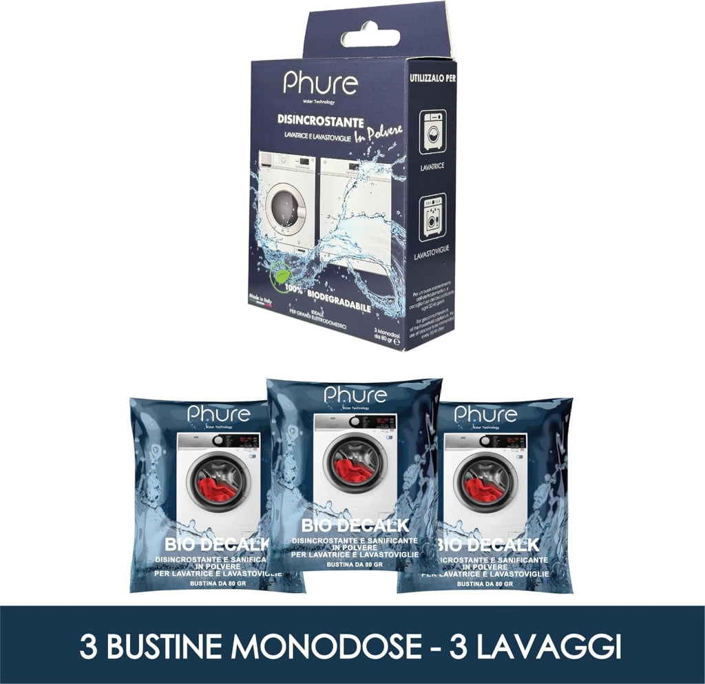 PHURE Decalcificante in Polvere Monodose Detergente Anticalcare per Lavatrice, Lavastoviglie e grandi elettrodomestici, compatibile con tutte le marche, 100% Biodegradabile, Ecologico Made in Italy
