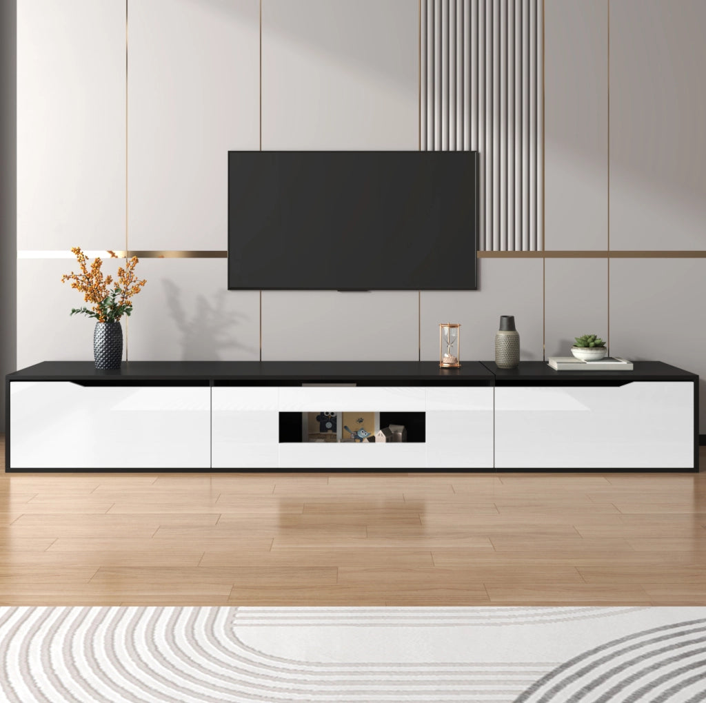 Mobile TV basso 180 cm nero e bianco con LED USB, finitura lucida