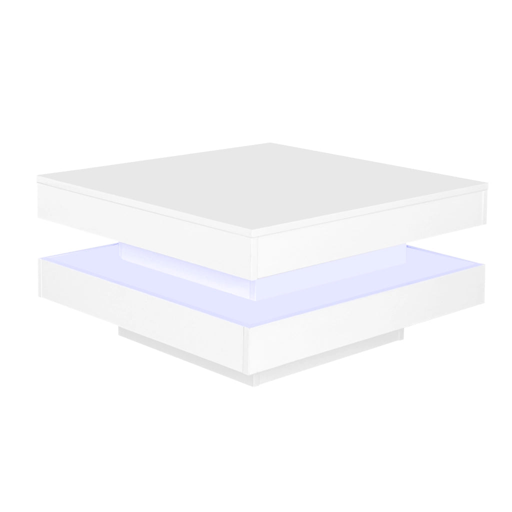 Tavolino da salotto 70x70x36 cm; piano girevole a 360° con luce LED; pannello truciolare bianco