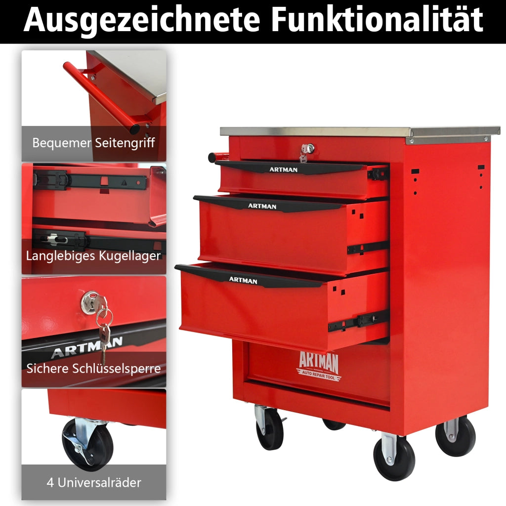 Carrello portautensili con 4 cassetti 4 ruote e serratura per garage e officina in acciaio rosso e nero 62.5 × 34.5 × 78 cm