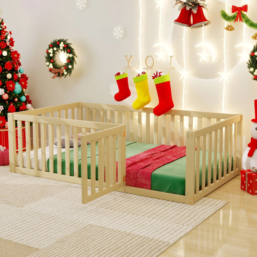 Letto per bambini 90x200 - Zephmum - Struttura in legno con recinzione e porta