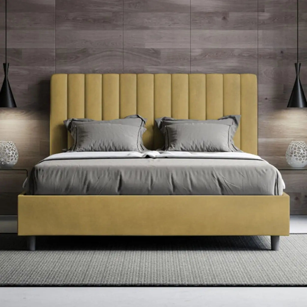 Letto matrimoniale contenitore imbottito 160x200 microfibra ocra Agueda