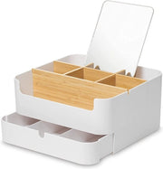 Organizzatore cosmetico con specchio per la tavola da trucco, bagno e camera da letto, organizzatore di trucco, alta qualità, organizzatore per la tavola da trucco, bambù con cassetto e disposizione perfetta