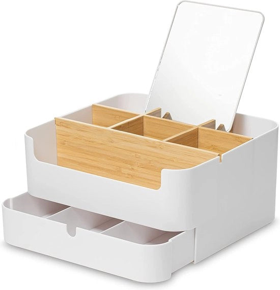 Organizzatore cosmetico con specchio per la tavola da trucco, bagno e camera da letto, organizzatore di trucco, alta qualità, organizzatore per la tavola da trucco, bambù con cassetto e disposizione perfetta