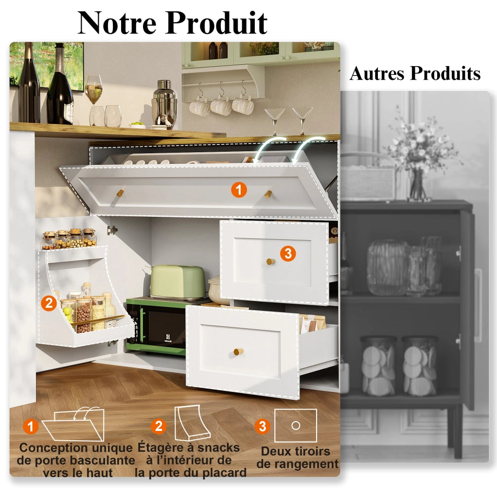 Tavolo da bar allungabile con ripiani e rotazione 360°, MDF bianco 138-204×39×105 cm