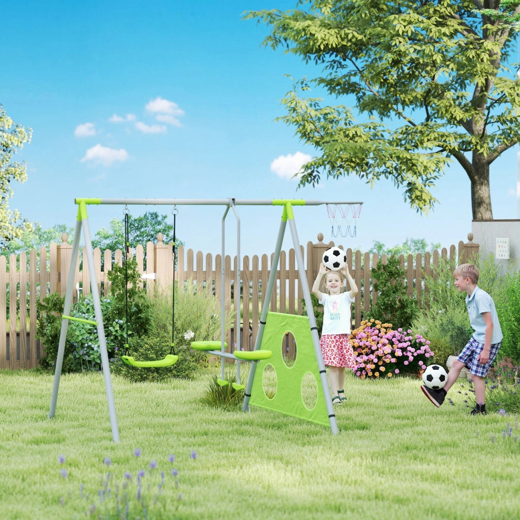 Set Altalene 4 in 1 con Dondolo, Cestino e Porta Bersagli per Bambini ¨C Zephmum ¨C Verde 215x180x182 cm