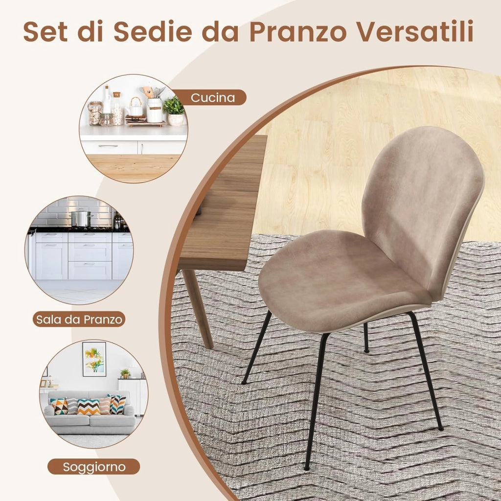 Set di 2 Sedie da Pranzo, Set di Sedie da Cucina in Velluto con Base in Metallo, Sedia Moderna Imbottita per Sala da Pranzo, Soggiorno e Camera da Letto