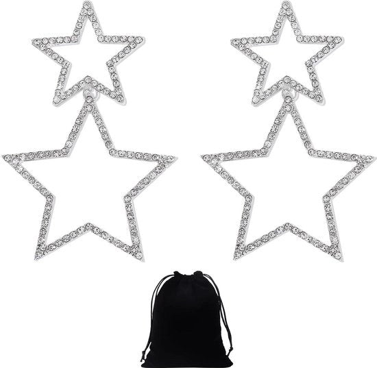 Orecchini a stella con perle strass, doppio stella, 2 paia (argento oro) e 1 tasca di conservazione nera con stelle.