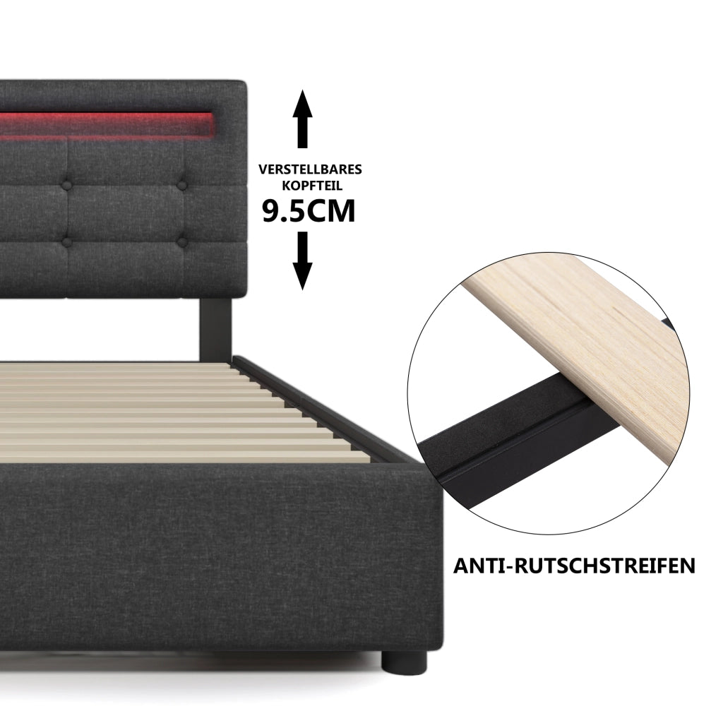 LETTO Singolo 90x200 cm in lino grigio con LED e 2 cassetti