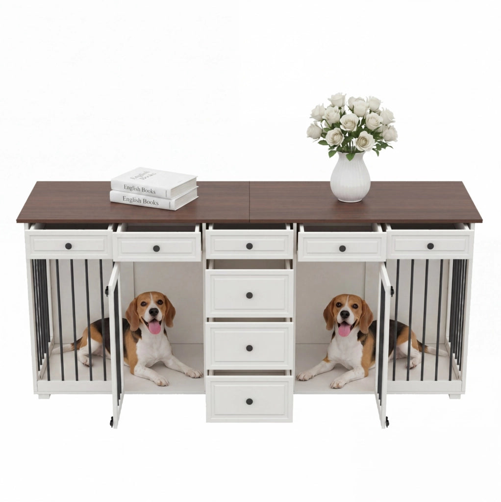 Mobile gabbia per cani con 8 cassetti, bianco e noce