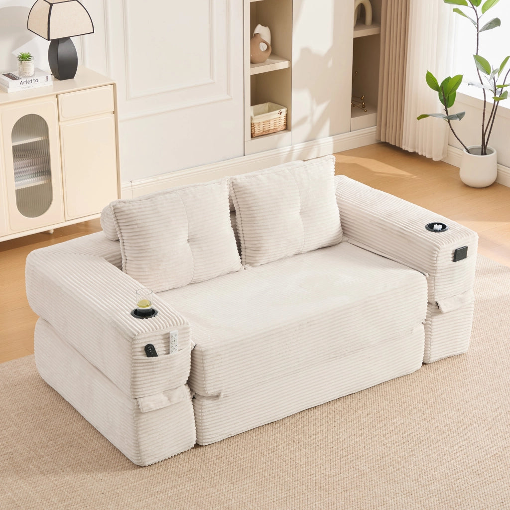 Divano letto modulare con tasche portabicchieri braccioli rimovibili e cuscini in memory in velluto a coste beige