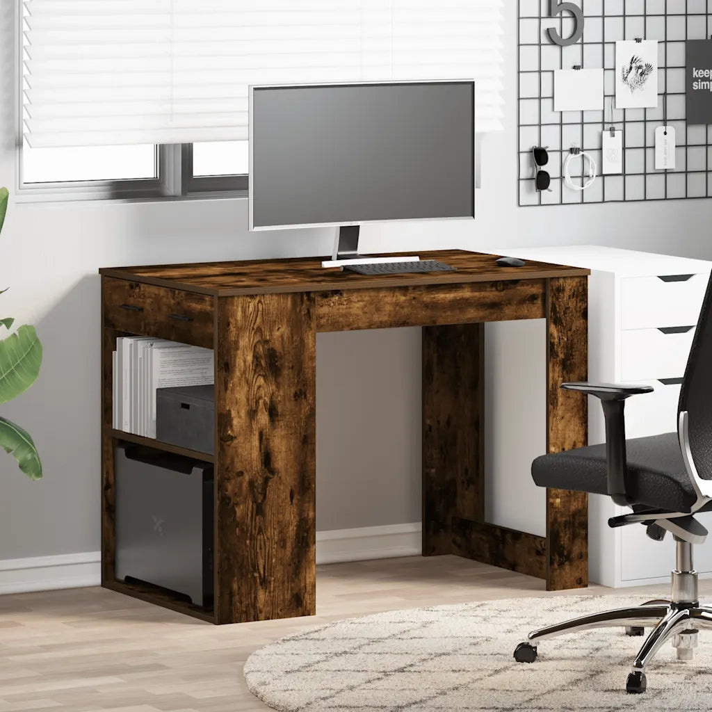 Scrivania con Cassetto e Ripiano Rovere Fumo Legno Multistrato 858690