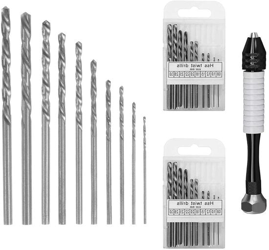Set di punterie a spirale da 20 pezzi per diametri 08-30 mm con punta HSS per mini-boor, hout, plastica, alluminio, PCB e ghisa.