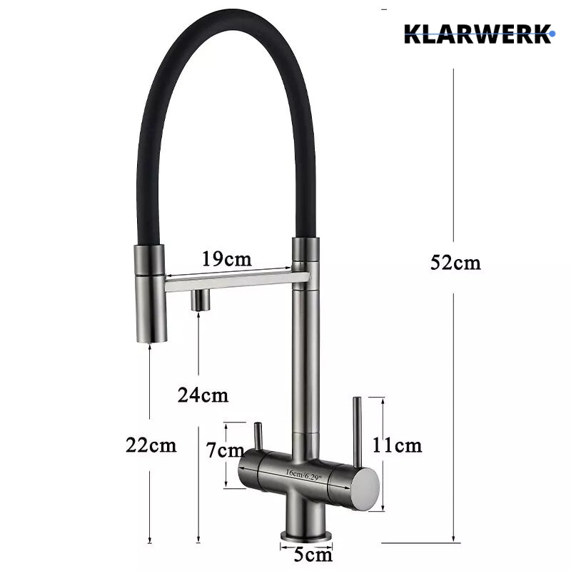 Lana | Rubinetto  estraibile 3 vie nero opaco | miscelatore da cucina per acqua potabile in acciaio inossidabile | Girevole a 360 iltra 3 connessioni