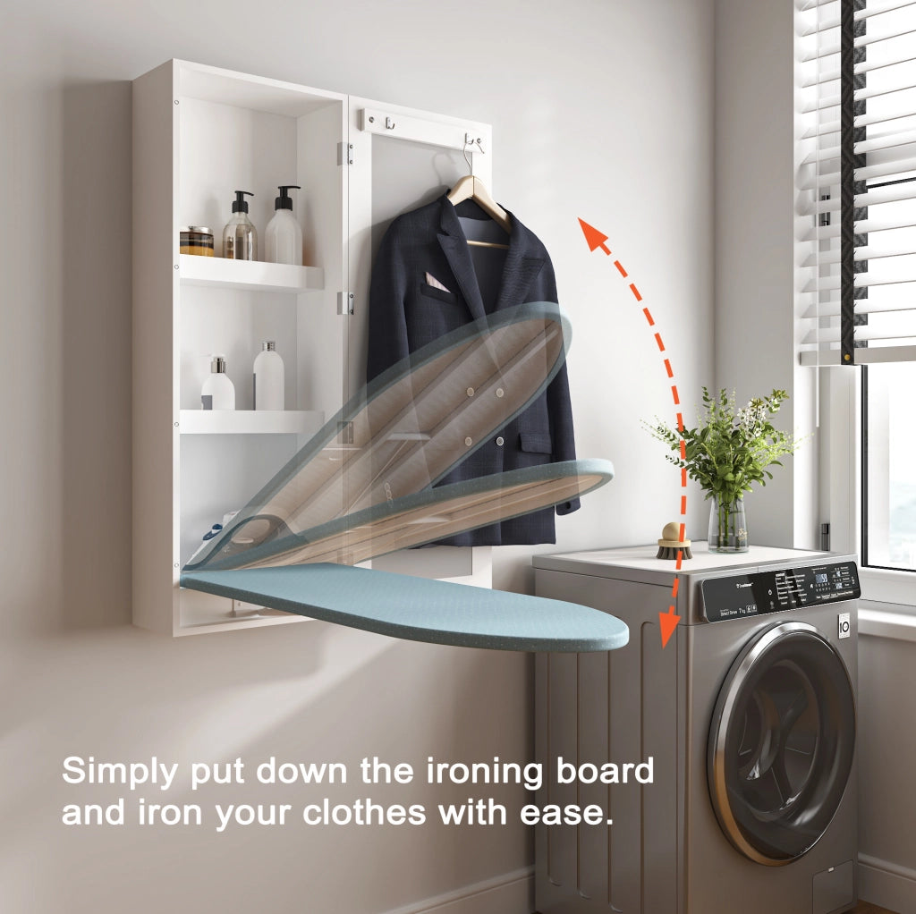 Mobile da parete con asse da stiro integrata e specchio; MDF bianco 103×44;5×24;5 cm