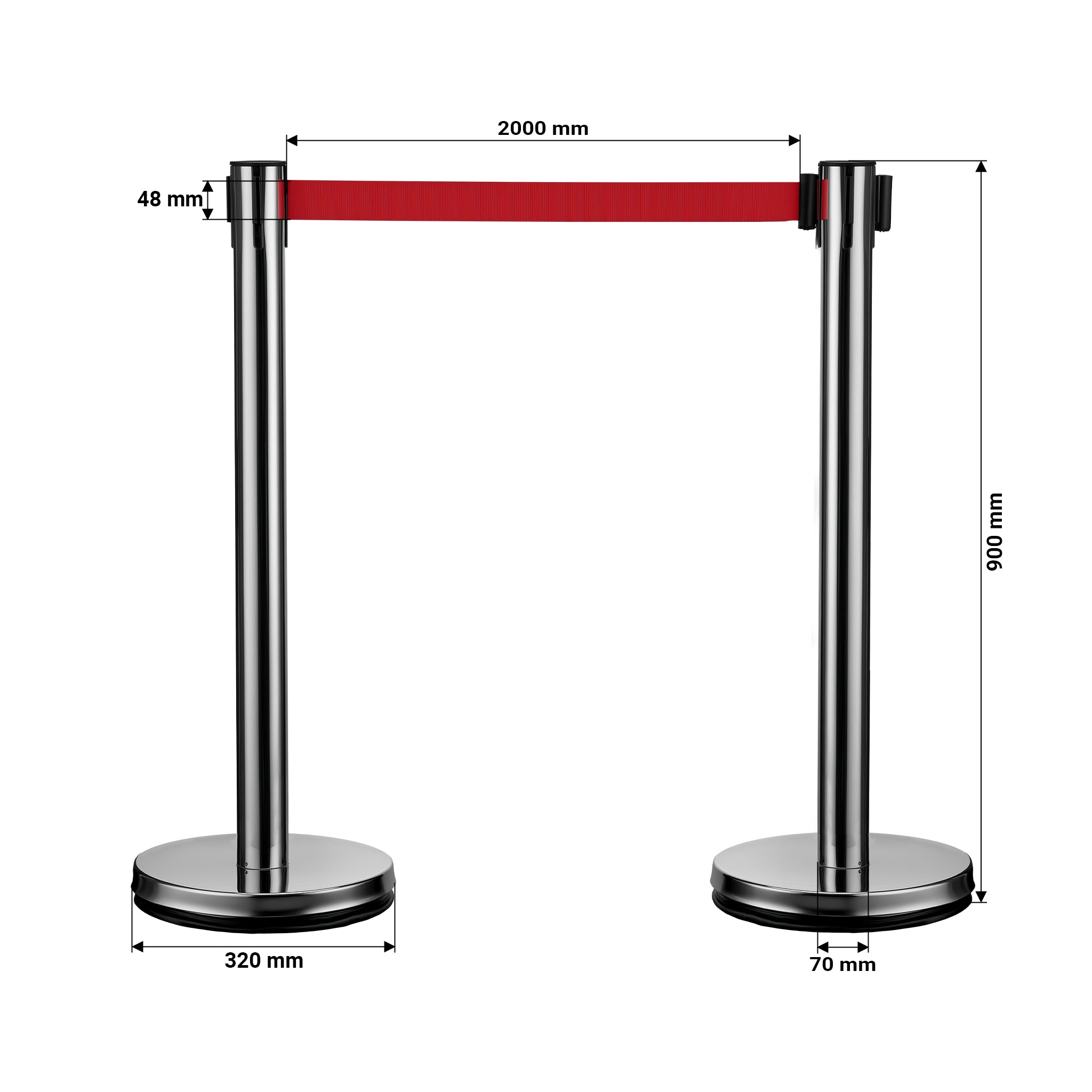 Colonnine tendinastro 320 x 70 x 900 mm, Set 2 paletti delimitatori in acciaio inox con nastro rosso