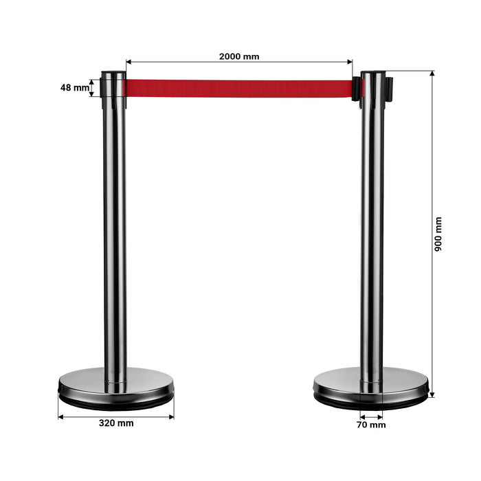 Colonnine tendinastro 320 x 70 x 900 mm, Set 2 paletti delimitatori in acciaio inox con nastro rosso