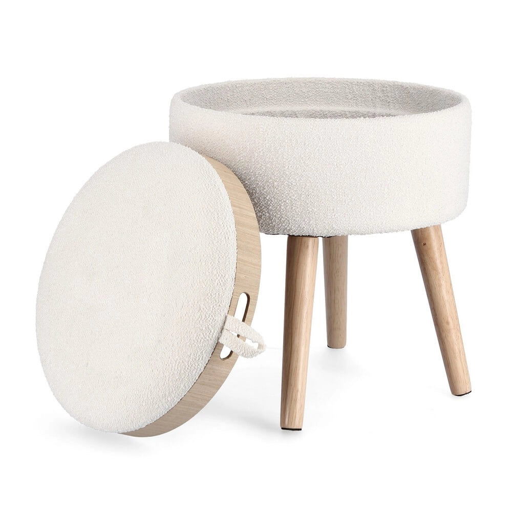Sgabello contenitore rotondo bouclé bianco con vassoio in legno - BRIAR