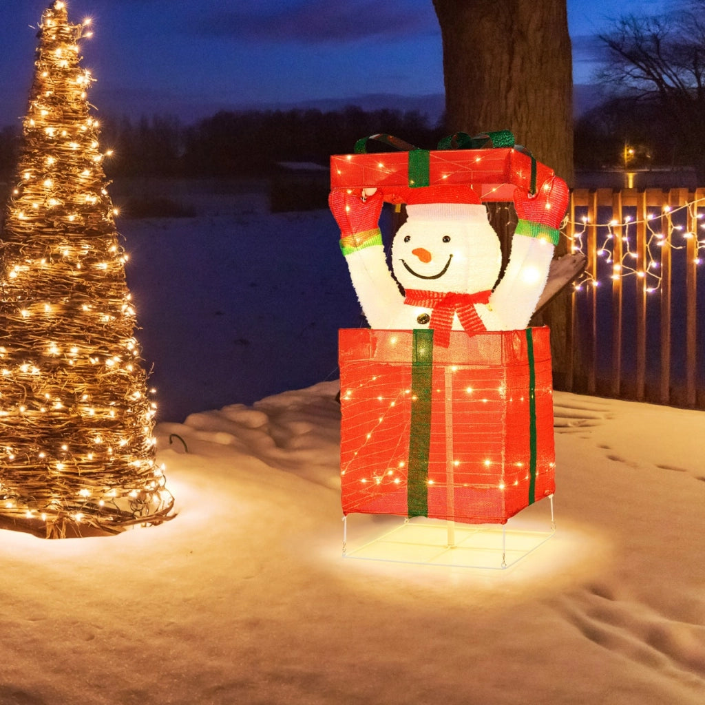 Albero di natale pre-illuminato e decorazione natalizia con pupazzo, Albero artificiale e pupazzo di neve illuminato-Natale