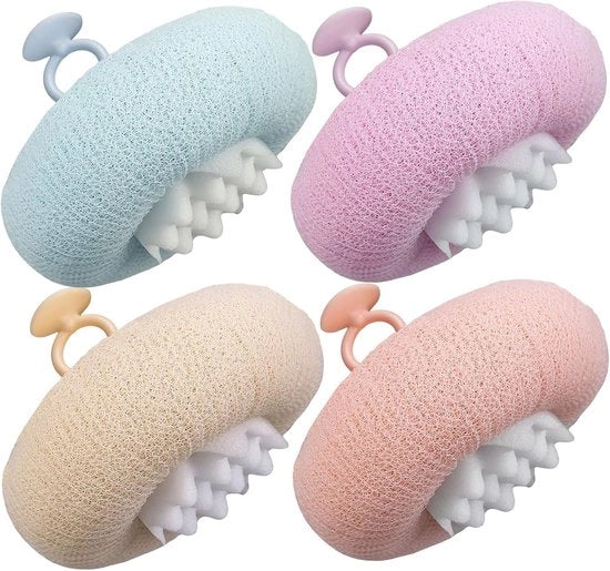 Set da bagno 4 pezzi, aggiornato: pallone da bagno zinnia 2 in 1, spugna da bagno morbida, spazzola da bagno, pallone da bagno con anello per il polso, spugna esfoliante da bagno (rosa + blu-verde + beige + viola)