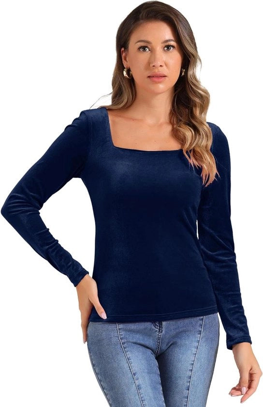 Top donna in flanella nera con maniche lunghe e collo quadrato, taglia S.