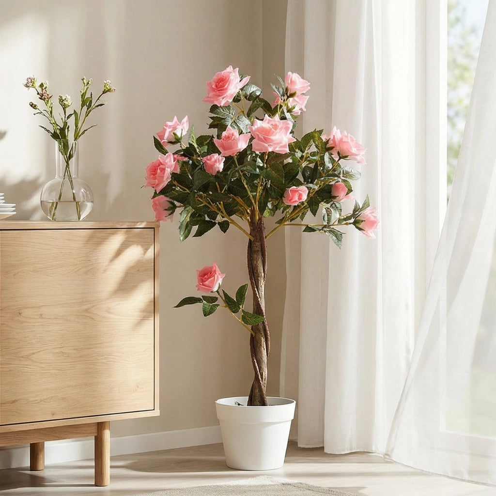 Pianta Finta Rosa Decorativa ¨C Xylo ¨C 21 Fiori con Vaso Cemento, ?18x90 cm, Rosa