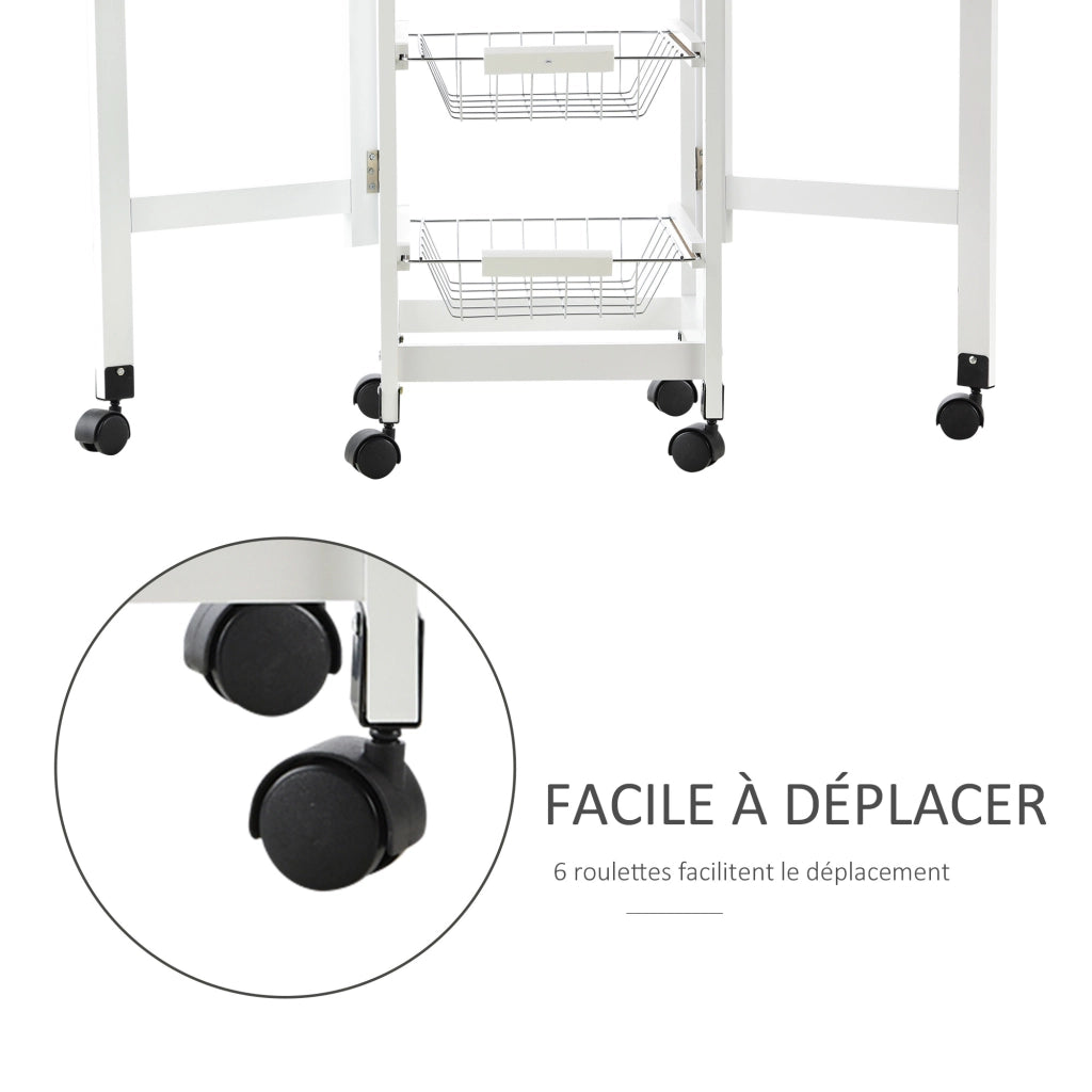 Carrello da cucina con 3 cestini, cassetto e ripiani ¨C zephmum ¨C metallo bianco effetto quercia