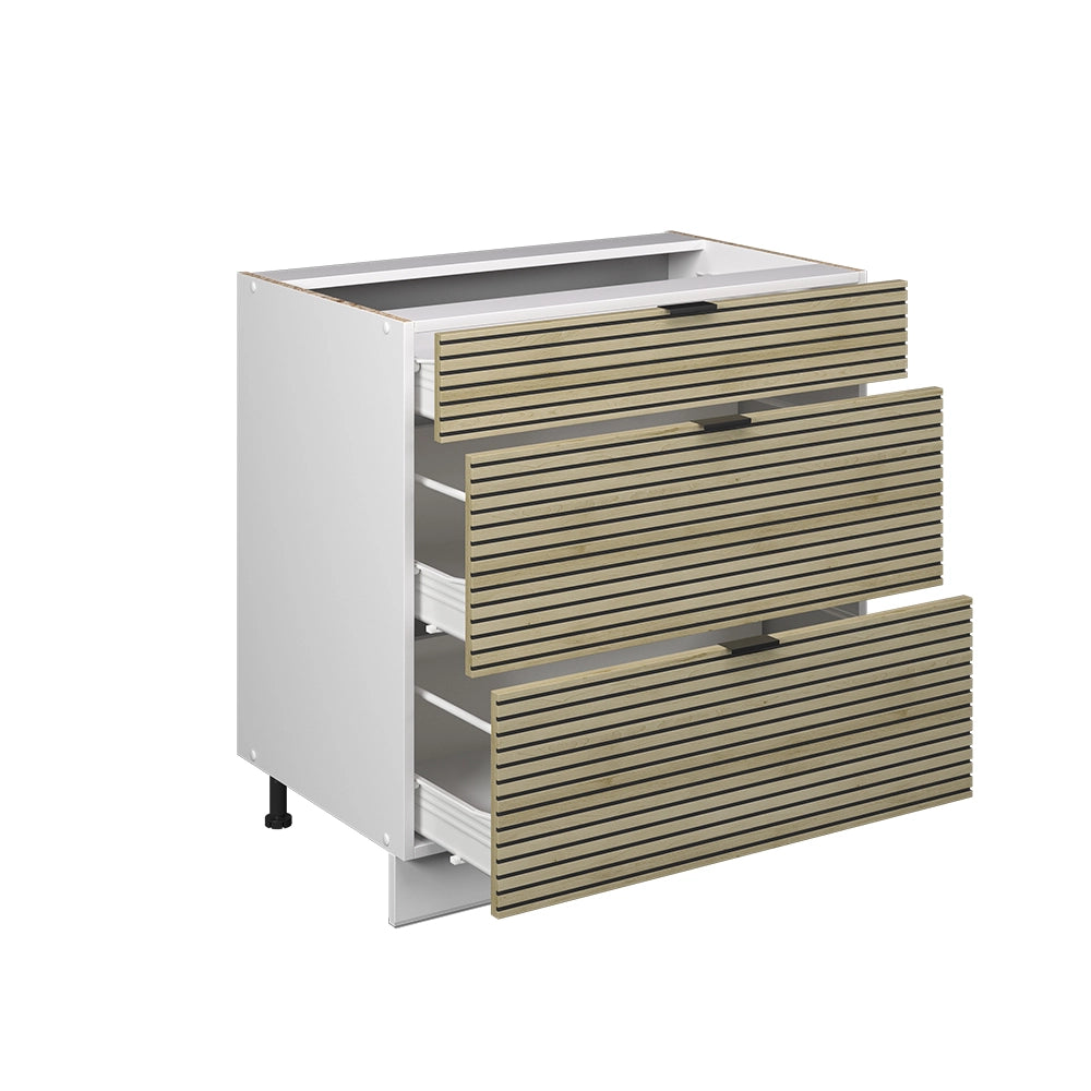 Mobiletto base per cucina Fame-Line Pannello in quercia/Bianco 80 cm con 3 cassetti, senza piano di lavoro Vicco