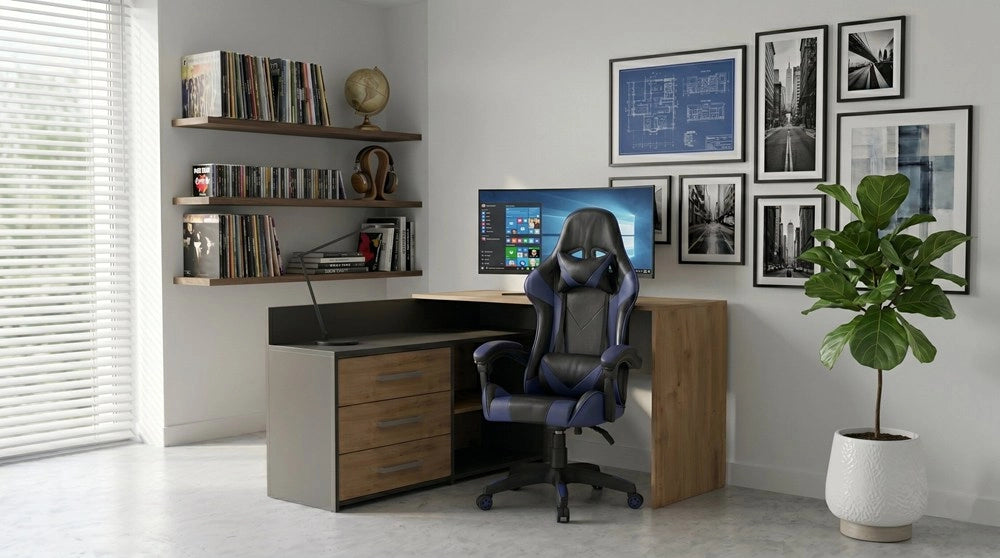 Set scrivania DANY angolare antracite e rovere artisan + poltrona REMUS blu