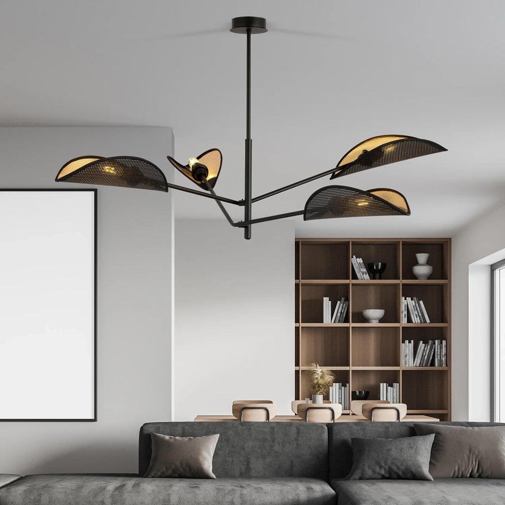 Lampadario 4 Luci Eridano In Acciao Nero E Oro Con Bracci Mobili