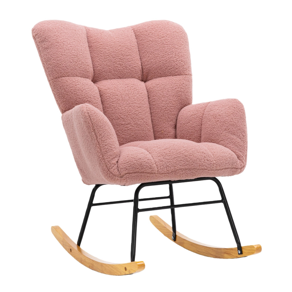 Sedia a Dondolo con Schienale Alto Ergonomico e Braccioli Imbottiti; in Tessuto Teddy Rosa; 80 x 70 x 95 cm