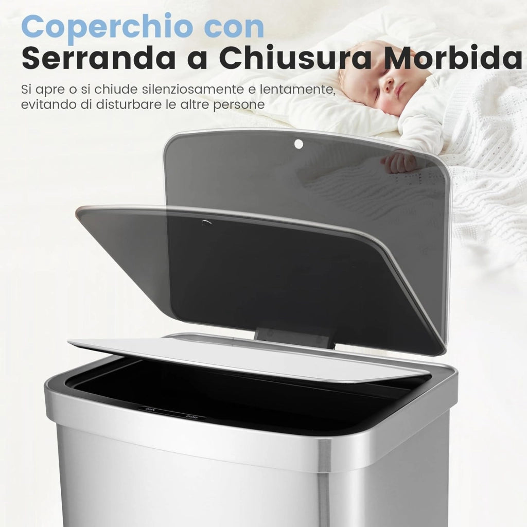 50L Cestino Automatico, Pattumiera Rettangolare con Sensore di Movimento Infrarosso, Coperchio a Chiusura Lento e Scatole di Carbonio Attivo, in Acciaio Inossidabile, 39x29,5x82 cm