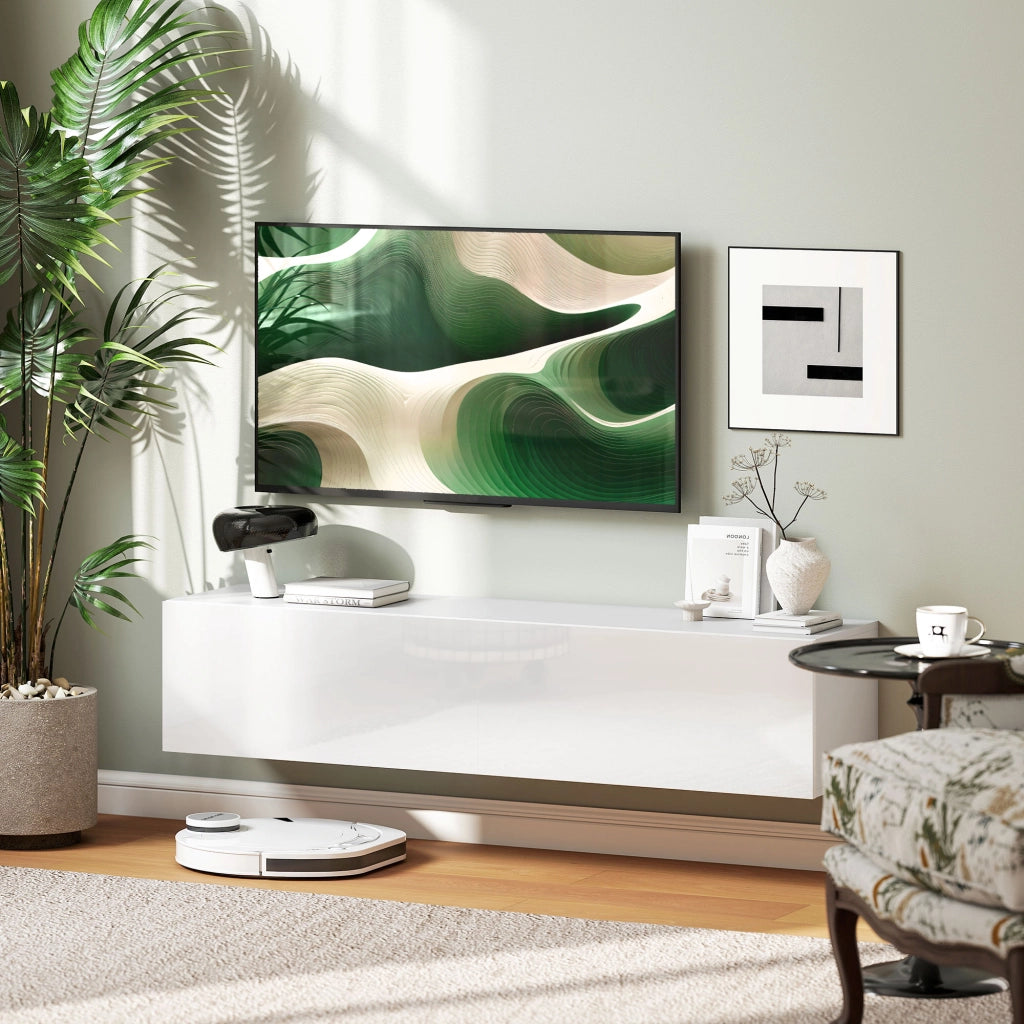 Mobile TV Sospeso con Ante a Ribalta e 2 Armadietti ¨C Zephmum ¨C Bianco 140x33x29.8 cm