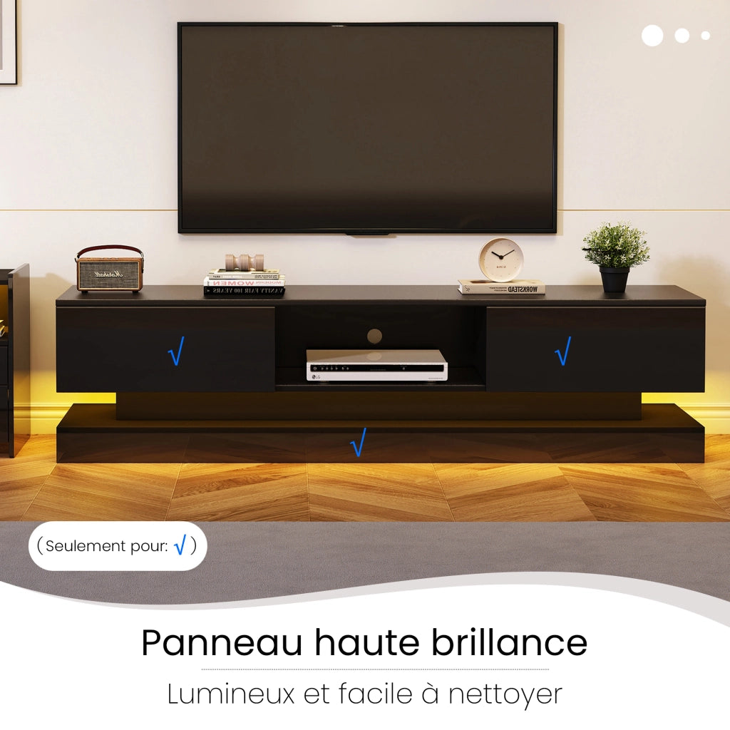 Mobile TV con 2 Cassetti e LED Controllato tramite App; Nero Lucido; 160??35??40;5 cm; in Pannelli Truciolari