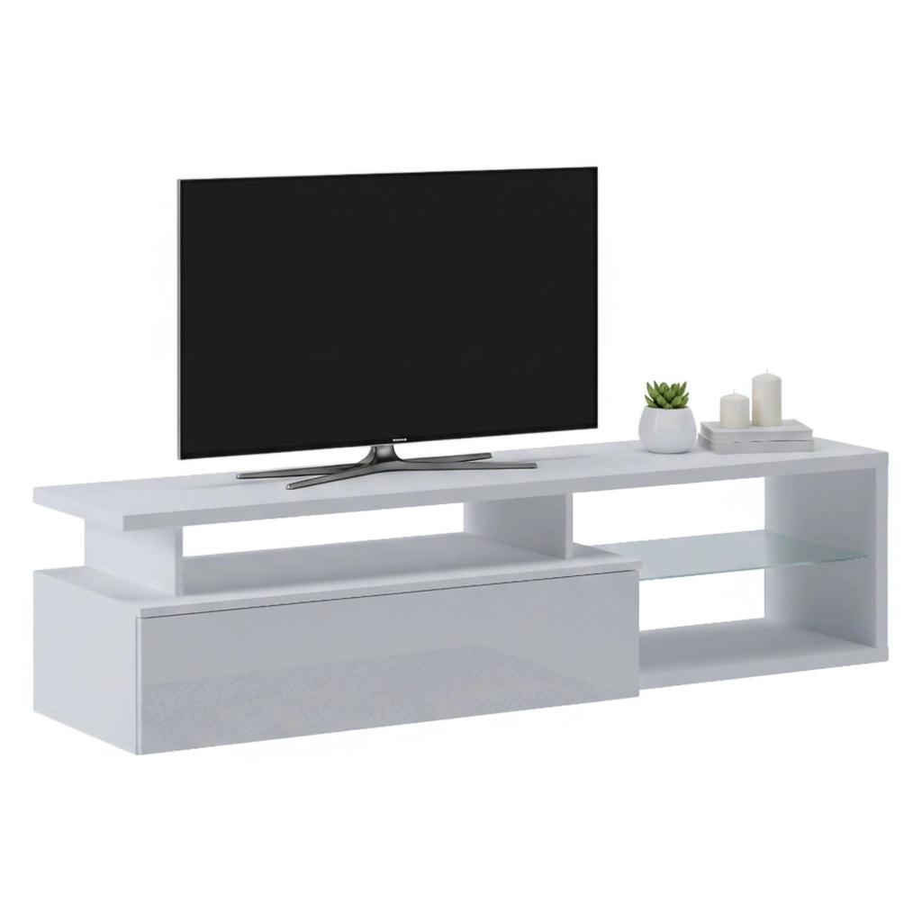 Mobile porta TV Gisella, Credenza da soggiorno, Armadio basso per TV, Base parete attrezzata, 160x38h41 cm, Bianco e Bianco lucido