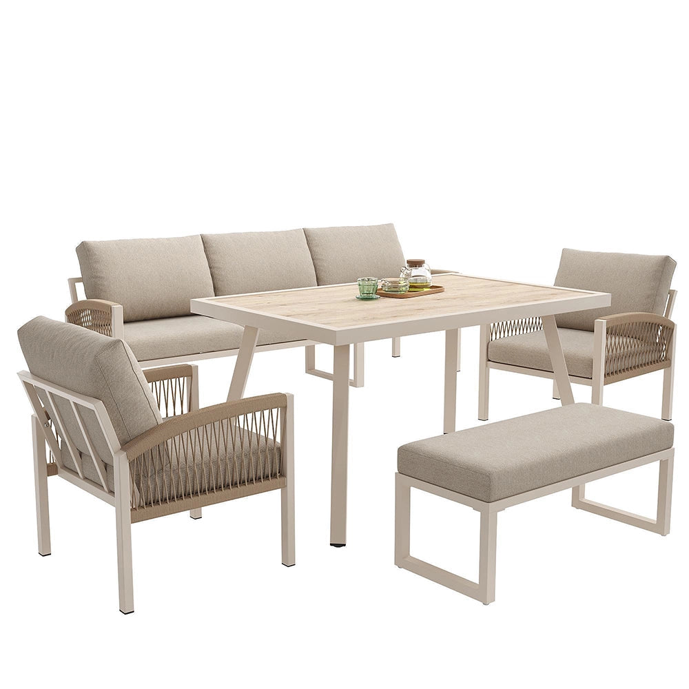 Set da giardino intrecciato a mano per 7 persone - Xylo - Struttura in ferro robusta con cuscini beige e tavolo in vetro effetto legno