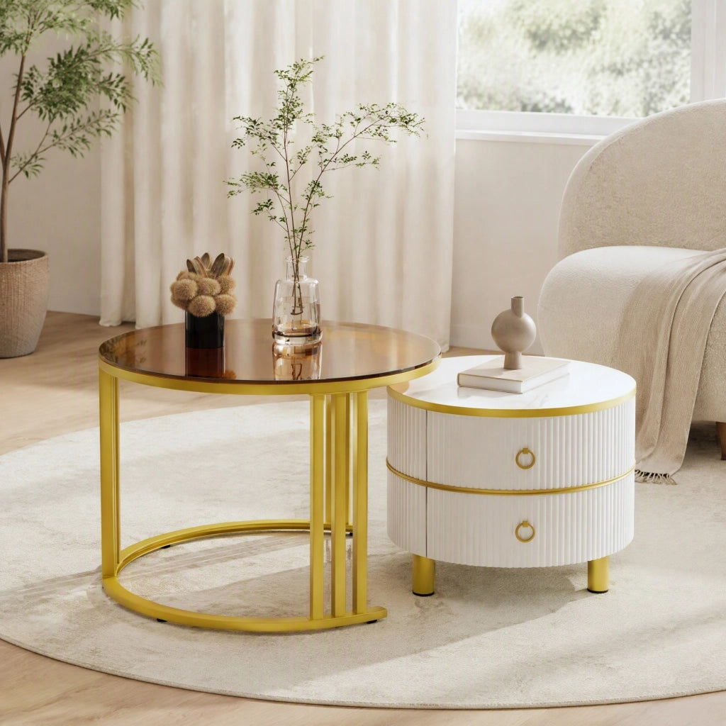 TAVOLINO DA CAFFÈ ROTONDO 70x70x45 + 50x50x40 cm Bianco Vetro MDF Set 2 pezzi