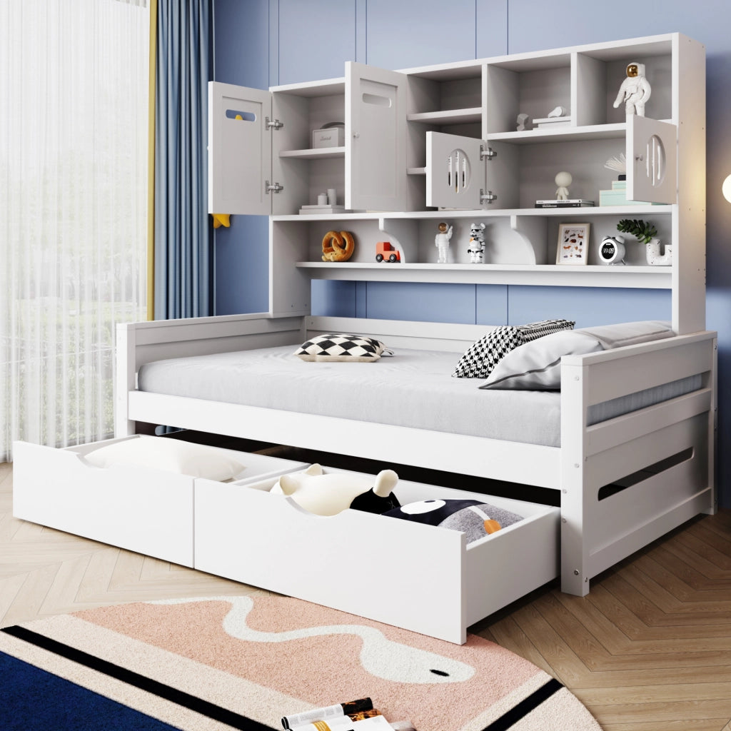 OKWISH Letto a Divano 90×200 cm, Letto Singolo con 2 Cassetti, Vani Contenitori e Ripiani, senza Materasso, in Legno, Bianco