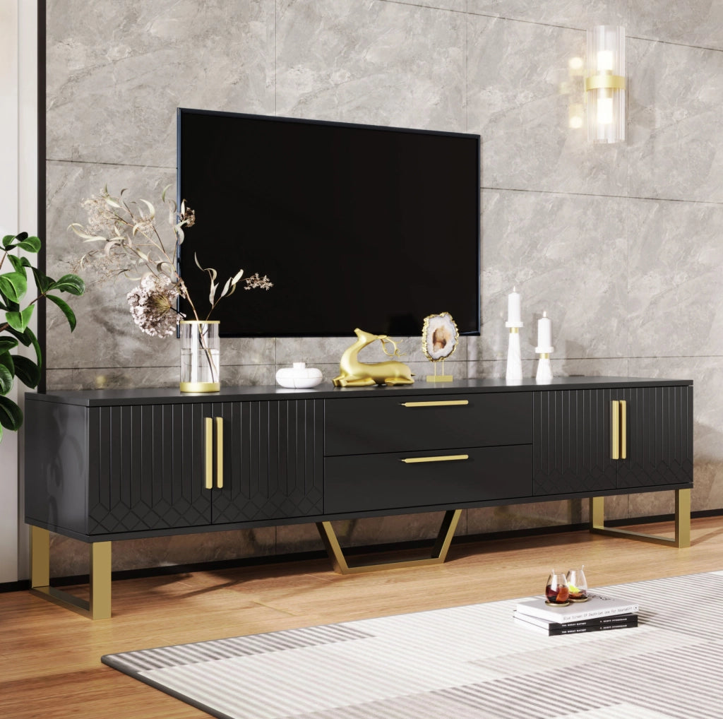 Mobile TV nero lucido 170 cm con 4 ante, 2 cassetti e dettagli oro